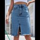 thumbnail image 4 of Falda Vaquera Midi Ajustada con Cintura Alta, Abertura Frontal y Dobladillo Sin Rematar para Mujer Azul Medio M, 4 of 9