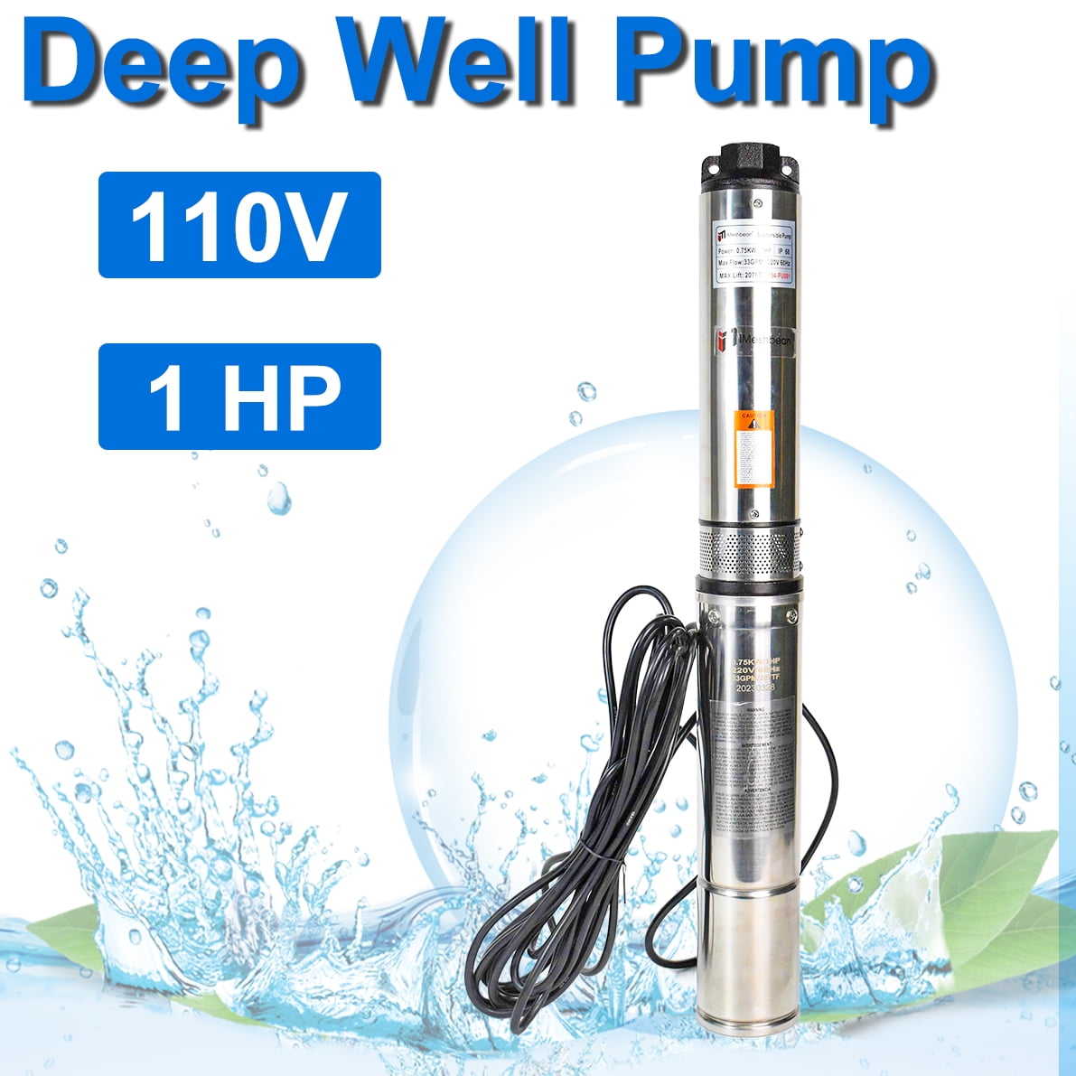 iMeshbean Deep Submersible Well Pump 1HP 110V,207ft Head 33GPM with 100ft  Cord,Stainless Steel Submersible Well Pump 4