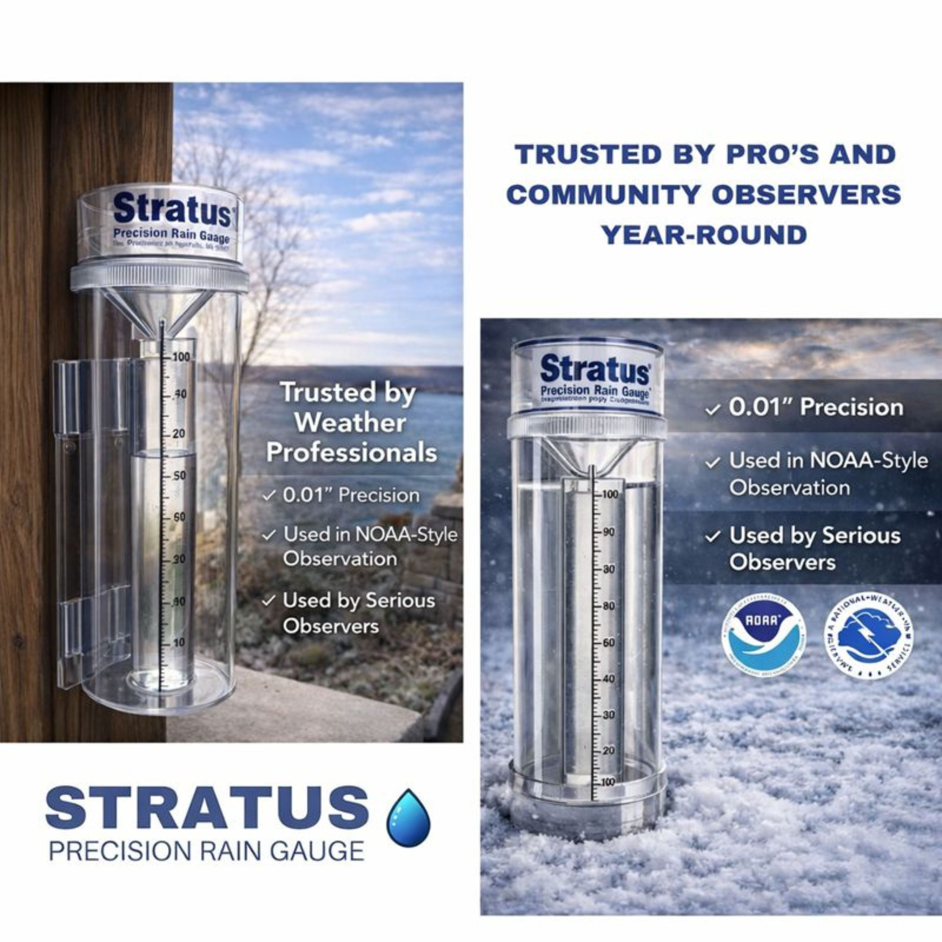 Stratus Precision Rain Gauge – Professional 0.01" Accuracy, All-Weather, Made in USA