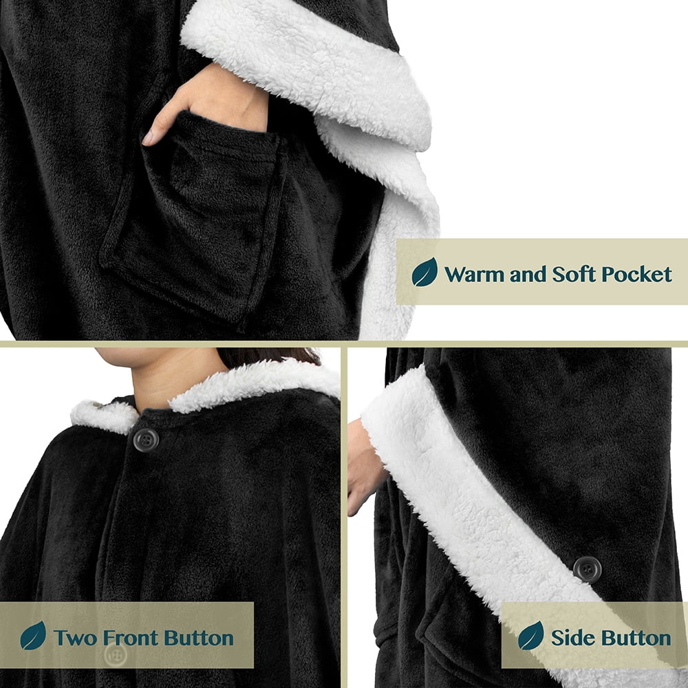 PAVILIA Wearable Blanket for Adult Women, Cozy Plush Fleece Blanket Poncho Cape with Hood, Super Soft Shawl, Angel Wrap Throw for Office, Black