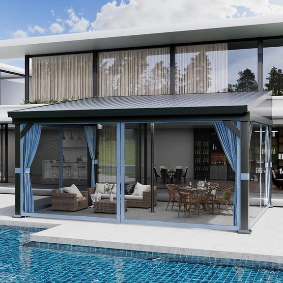 Lumiparty 10x14 ft Wall-Mounted Hardtop Gazebo, Lean-To Pergola with Galvanized Steel Roof, with Mosquito Netting & Privacy Curtains for Backyard, Deck or Carport, Blue