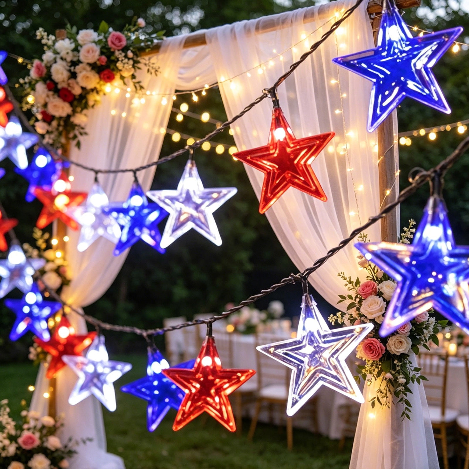 Diceymbol 4th of July Decorations Solar String Lights Outdoor 472" 100 LED Red White and Blue Patriotic Fairy Lights for Yard Independence Day 250th Anniversary