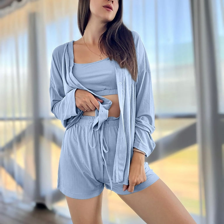Aueoeo Lounge Sets for Women, Womens Pajama Sets 3 Piece Lounge Set Ribbed  Cami Top and Shorts Pjs Set Soft Sleepwear with Robe Cardigan 