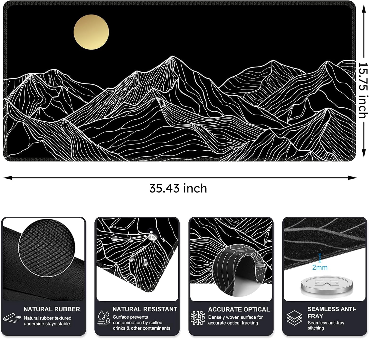 Gaming Mouse Pad (35.4x15.7 in), Large Stable Rubber Base Mousepad with Stitched Edges, Keyboard Mouse Mat Desk Pad for Work, Game, Office, Home (Mountain-White)