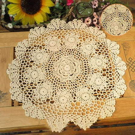Handmade Crochet Flower Placemat for Dining Table - Beige Cotton Doily