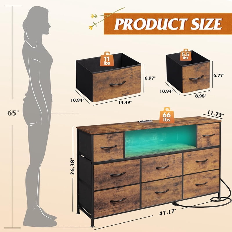 Bigleap LED TV Stand with Charging Station, Music-Sync Light Up Entertainment Center, 8 Fabric Drawer Dresser for Bedroom & Living Room, Brown(Fits 45-55 inch TV)