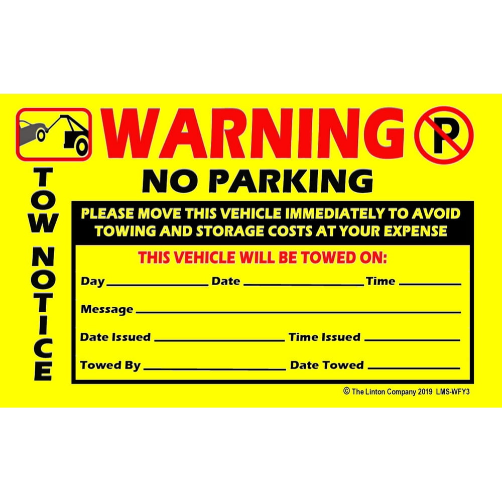 "WARNING, NO PARKING, TOW NOTICE" Stickon Labels, 8" x 5", Bold Print