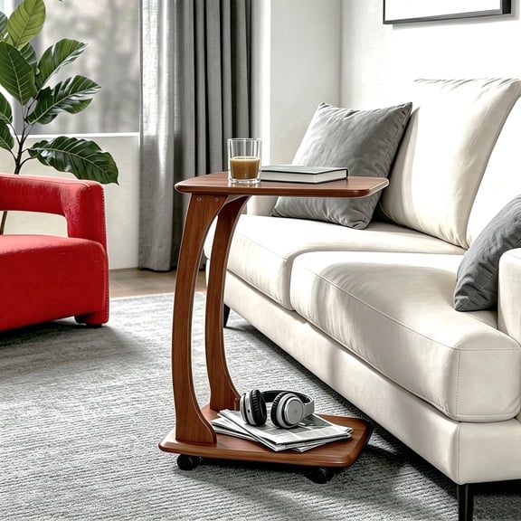 MLRDWLS Emerson Solid Wood C Shaped End Table with Wheels, Walnut Color
