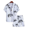 thumbnail image 2 of sunsanly 2Pcs/Set Men Summer Casual Outfit Lapel Short Sleeve Single Breasted Shirt Elastic Drawstring Waist Wide Leg Shorts Set Coconut Tree Print Hawaii Outfit, 2 of 8
