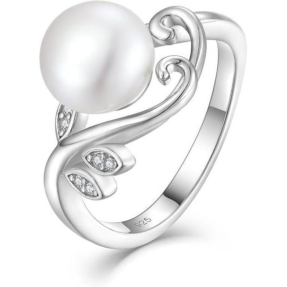 Pearl Ring, 925 Sterling Silver Leaf Rings, 9mm White Freshwater Cultured Pearl Rings for Women, Size 5-10