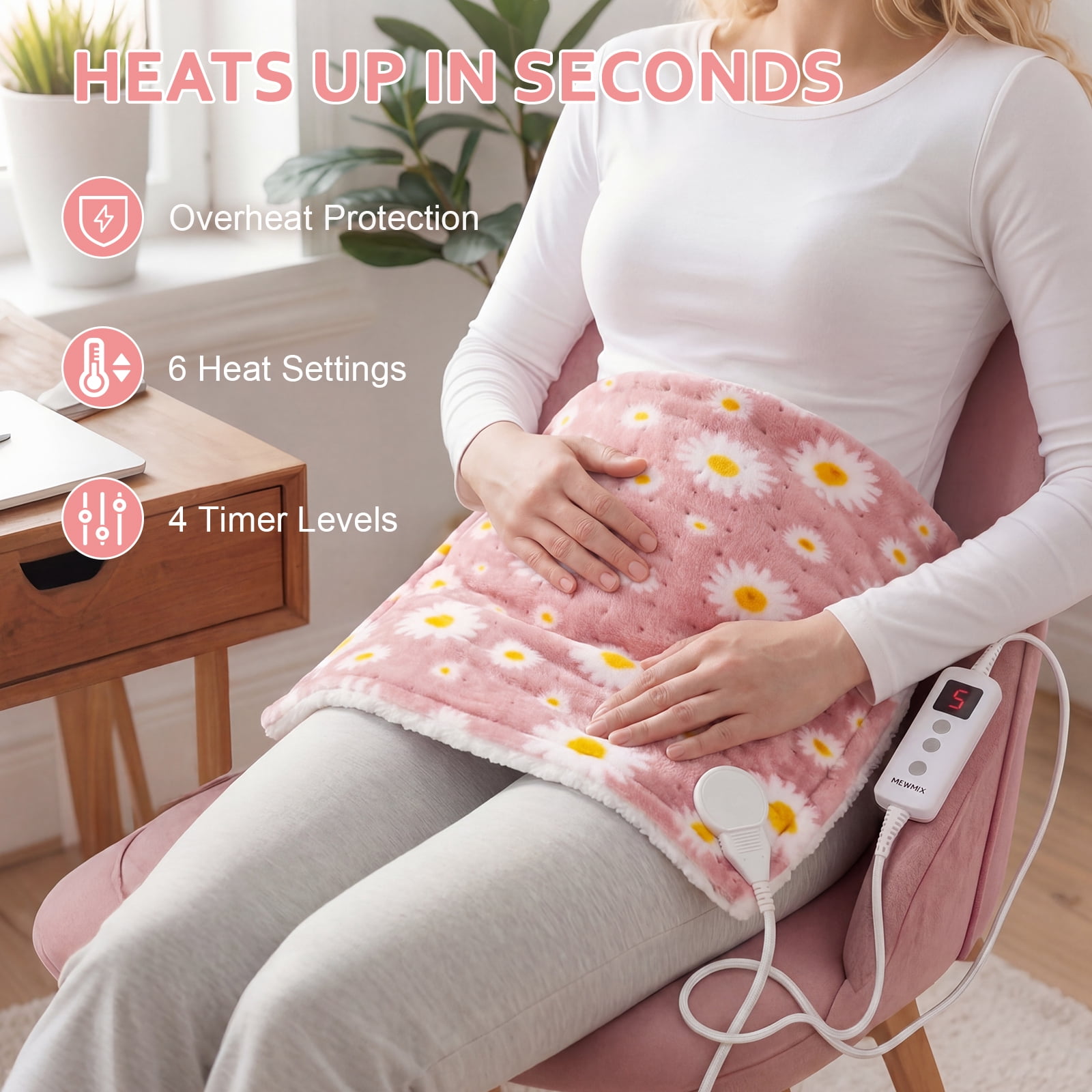 Daisy Heating Pad for Back Period Cramps Neck Shoulder Pain Relief Portable Electric Heat Pads Pink Stuff Gifts Ideas, Funny Useful Self Care Christmas Birthday Gift for Women Mom Her Wife Girlfriend
