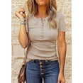 thumbnail image 4 of FreshPretty Women Summer Henley Tunic Top V Neck Short Sleeve Button UP Solid Slim Fit Casual Ribbed Knit Shirt Blouses, 4 of 4