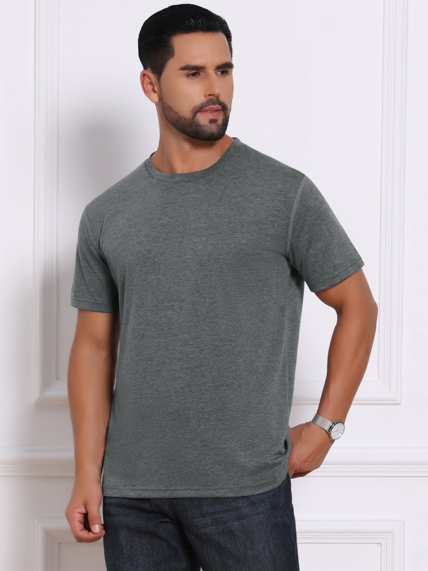 DARING DIVA Men's Crew Neck Short Sleeve Solid Color Retro Style T-Shirt M Dark Gray