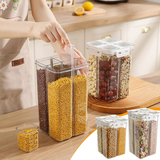 Contenedor organizador de tarros para almacenamiento de grano - Cubo de contenedor de cocina sellado, dispensador de comida seca compartimentada para arroz, cereales, alubias, pasta y aperitivos