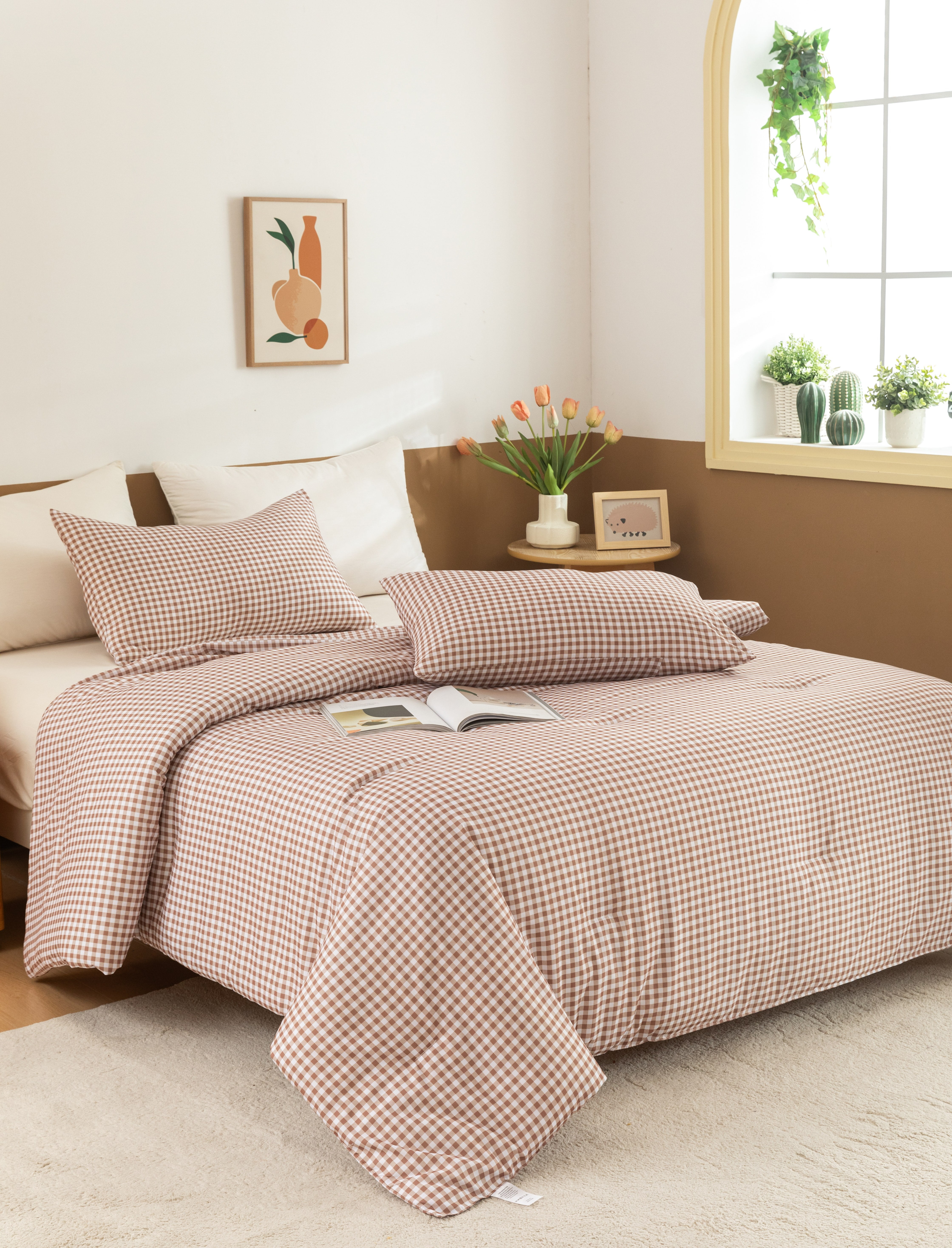 JJCOITR Boho Tan Gingham Full Comforter Set Modern Style Taupe Plaid Buffalo Bedding Set Checked Bed Set 3 Pieces for All Season