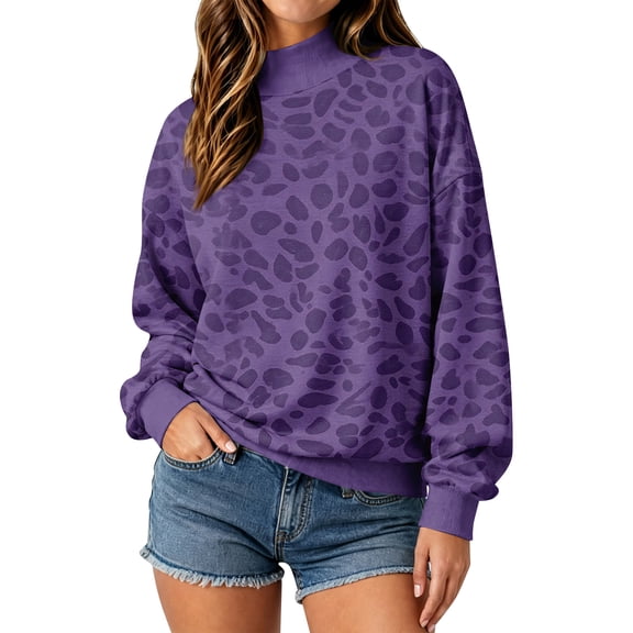 Hearthz Leopard Print Womens Sweatshirts Mock Neck Long Sleeve Oversized Womens Sweatshirt Fall Winter Womens Pullover Sweatshirt
