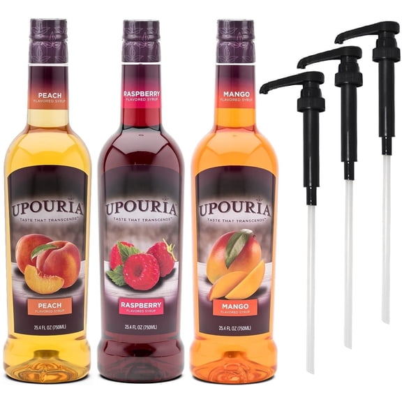 Upouria Coffee & Tea Syrup Variety Pack, Raspberry, Mango, Peach Flavored, 100% Vegan, Gluten-Free, Kosher, 750 ml Bottles with 3 Syrup Pumps