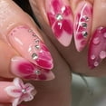 thumbnail image 2 of 3D Flower Press on Nails Medium Almond Fake Nails with Rhinestone Design Summer Pink Petals Full Cover Glue on Nails Glossy Gel Flowers False Nails Reusable Artificial Nails for Women 24Pcs, 2 of 7