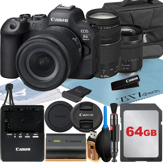 Canon EOS R6 Mark II Mirrorless Camera with RF 24-105mm Lens + EF 75-300mm + 64GB Memory Card + Case + LED Flash + ZeeTech Accessory Bundle