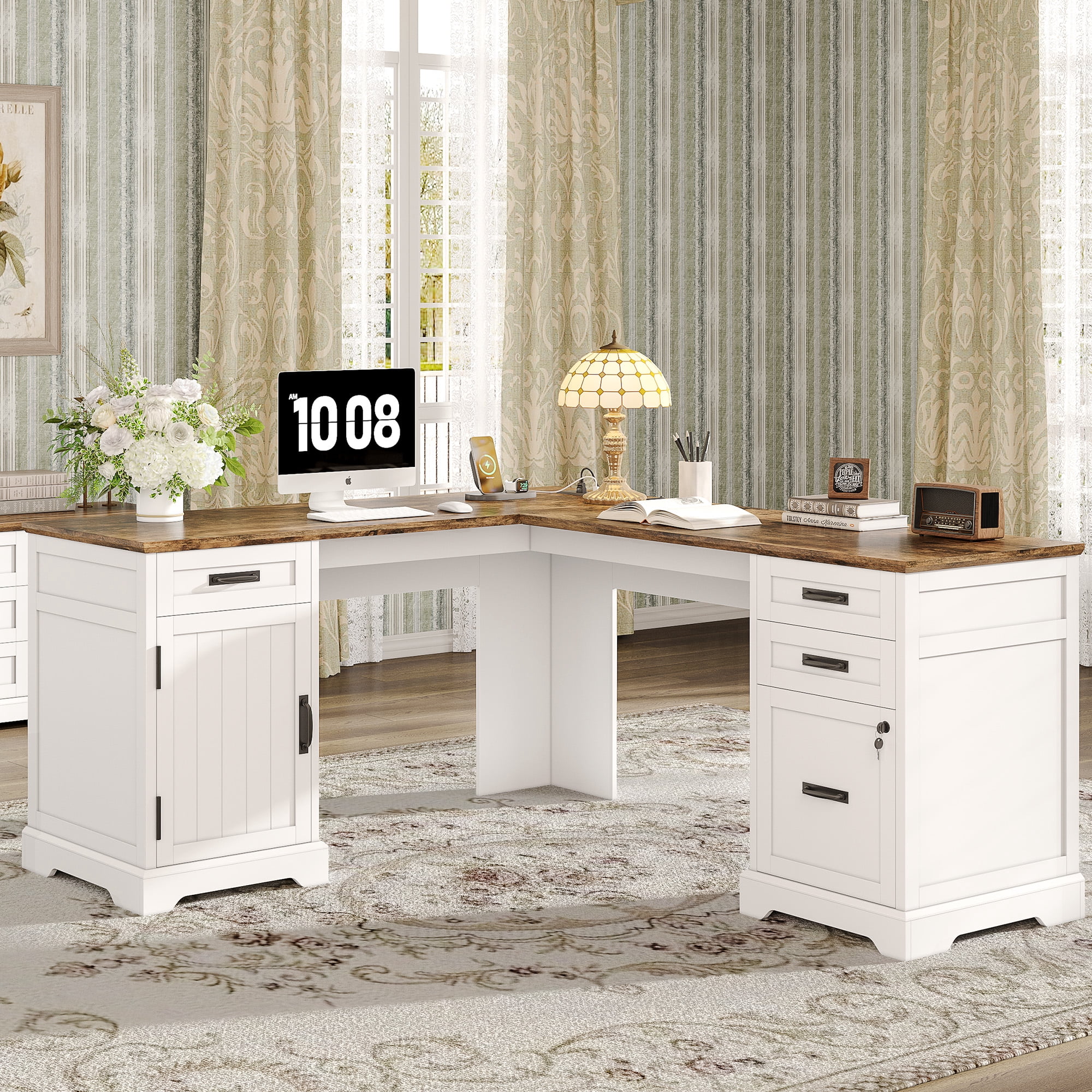 67'' Farmhouse L Shape Desk with File Drawers and Charging Station for Home Office, White