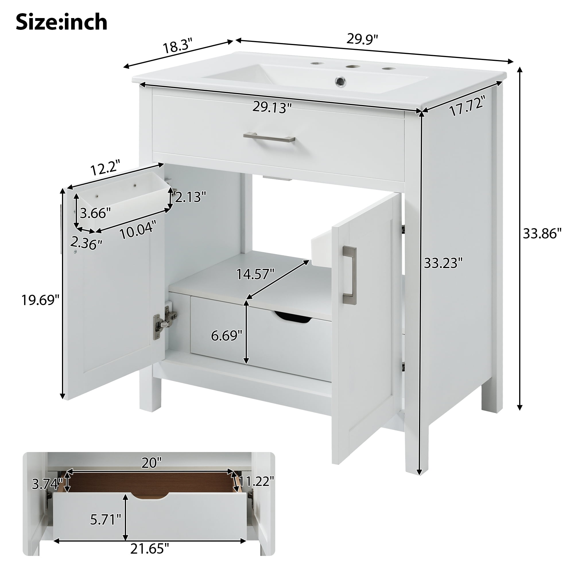 Euroco 30-Inch Bathroom Vanity with Ceramic Sink and Ample Storage - The Perfect Choice for Small Bathrooms