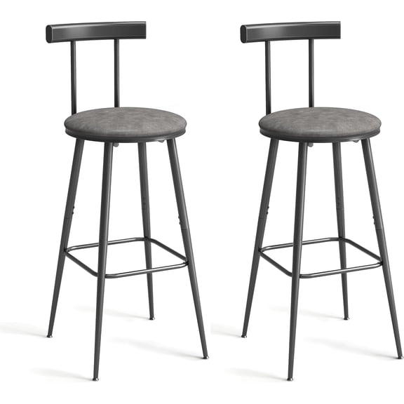 Bar Stools, Set of 2 High Kitchen Barstools, Bar Chairs with Backrest and Footrest, Industrial Counter Stools with PU Soft seat, for Kitchen, Living Room, Pub, Grey BS-013GR