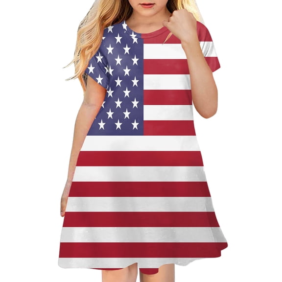 Quealent Toddler Girls American Flag Dress USA Stars Striped Kids Patriotic Summer Clothes 4th of July Outfit for Girl Party Navy,7-8 Years