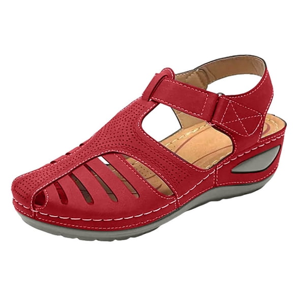 Women's Wedge Platform Sandals Closed Toe Summer Dressy Sandal Fisherman Comfortable Non Slip Walking Shoes Red Size 6