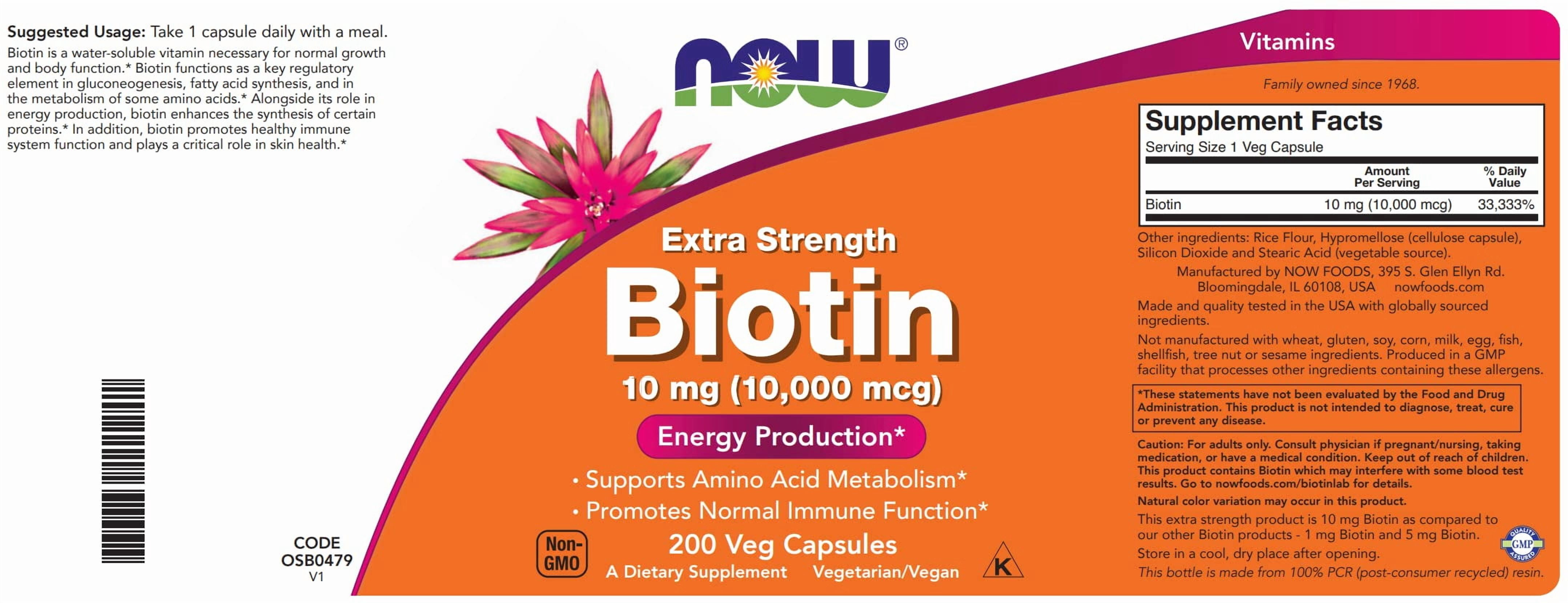 NOW Foods Extra Strength Biotin 10,000mcg / 10 mg - 200 Count - Hair, Skin, Nail - Supplement for Men and Women - B7 Vitamin - Vegetarian, Vegan, Non-GMO