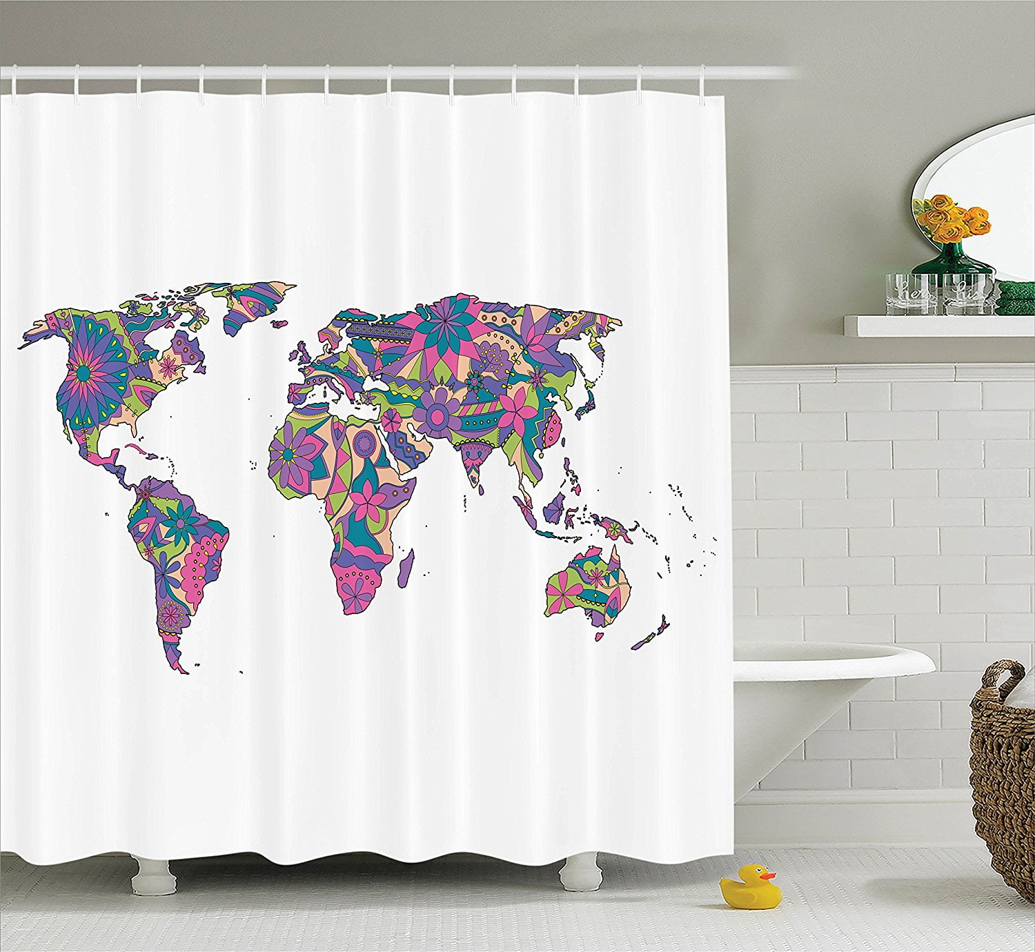 Wanderlust Decor Shower Curtain Set By , Colorful World Map With