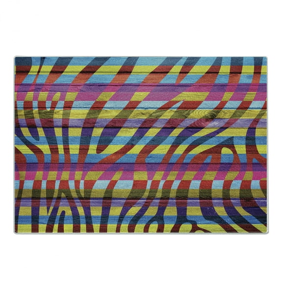 Zebra Print Cutting Board, Vibrant Colored Zebra Print on Wooden Penal Vertical Curvy Lines Art Design, Decorative Tempered Glass Cutting and Serving Board, Small Size, Fuchsia Yellow, by Ambesonne