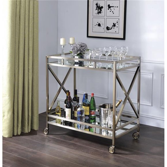 Benzara  Metal Framed Two Tier Serving Cart with X Shaped Side Panels&#44; Silver & Clear - 35.04 x 19.68 x 34.25 in.