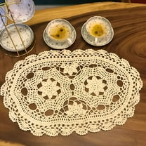AUQ 2 Pieces Beige Handmade Crochet Doilies Cotton Table Runner Lace Doilies Doily Oval Dresser Scarves for bedrooms,12 by 20"es.
