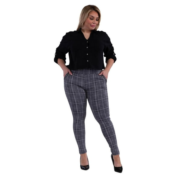 Plus Size Treggings With Zipper Pocket Trim - Black White Plaid