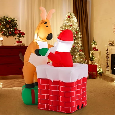 Costway 5 FT Christmas Inflatable Liftable Santa Claus Climbing Chimney Reindeer on Gift - Multicolor