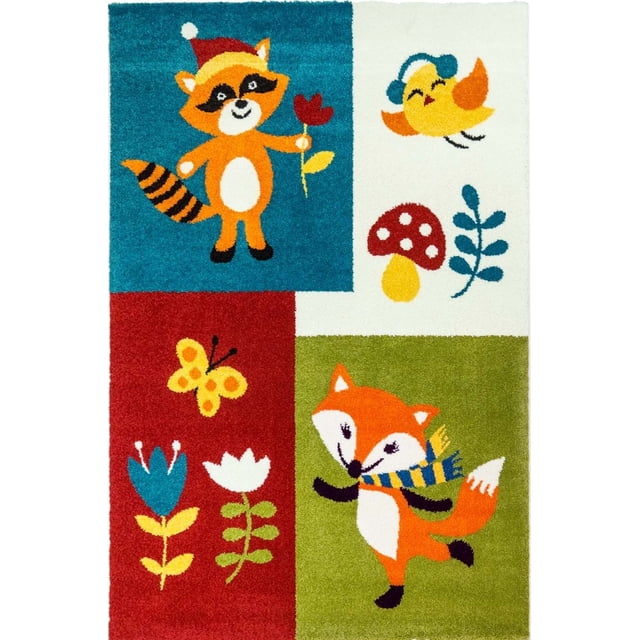 Ladole Rugs Adorable Kids Area Rug Carpet Fox Pattern in Multicolor, 3'9" x 5'2" (115cm x 160cm)