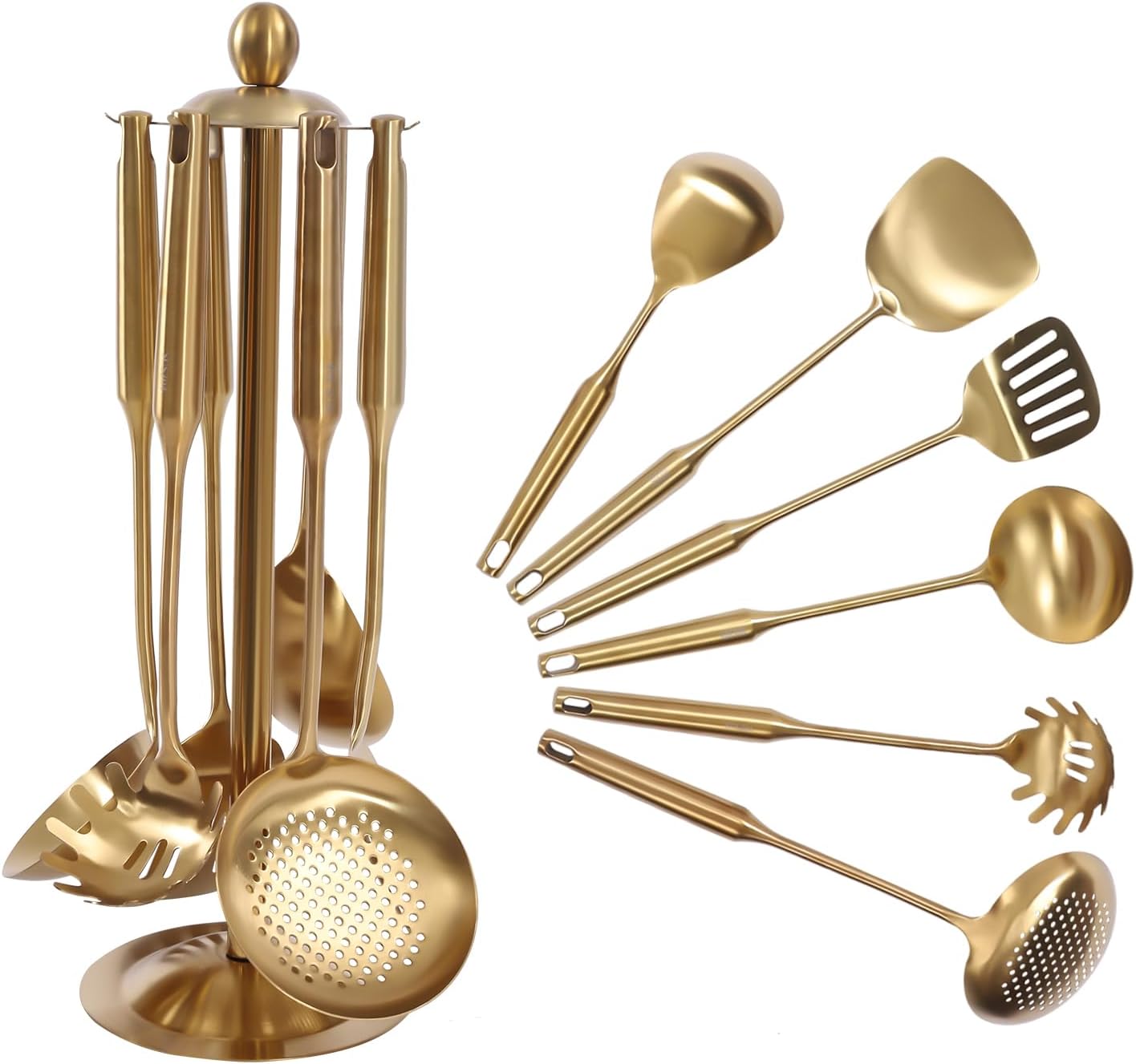 Gold Kitchen Utensils Set,7 PC 304 Stainless Steel Cooking Tools with Slotted Spoon, Slotted Spatula, Rice Spoon, Soup Ladle, Wok Spatula, Spaghetti Spoon