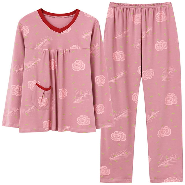 REDHOTYPE Pyjama Floral Fantaisie Mode Femme Printemps Automne Maman Manches Longues Coton Col Rond Ensemble Maison Grande Taille Automne