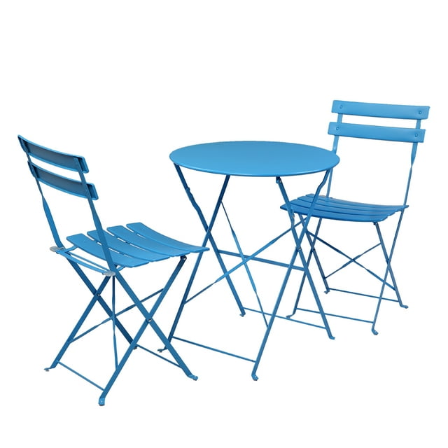 Outdoor Furniture Bistro Table Set, 3-Piece Folding Metal Patio Table and Chair Set, Weather Resistant Dining Table Set, Garden Round Patio Funiture Conversation Set for Backyard Porch, Blue, Q13829