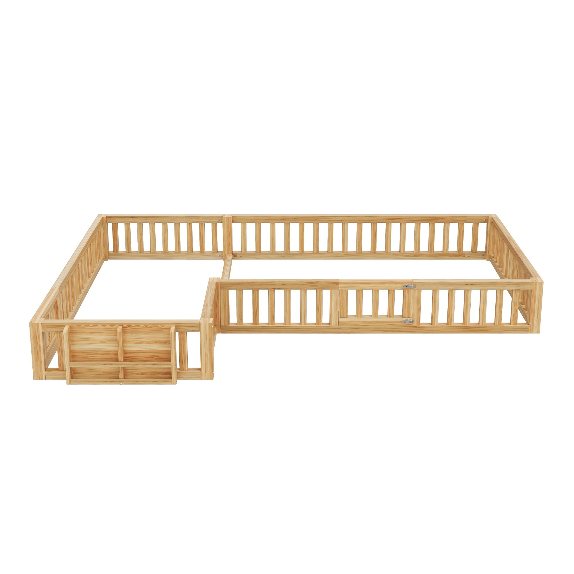 Euroco Twin and Full Size L-Shaped Platform Bed, Floor Bed with Full Guardrails and Storage, Natural