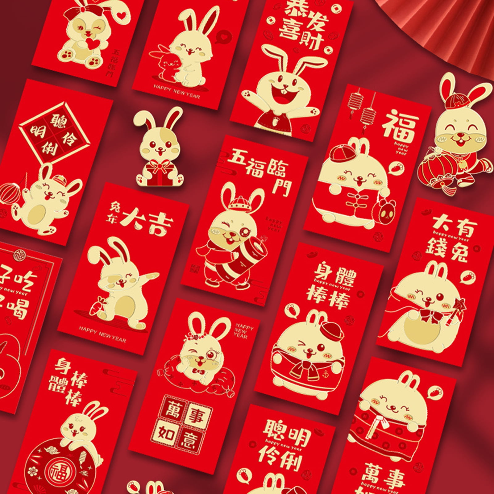 OPOLSKI 6Pcs Rabbit Red Packet Jubilant Cartoon Traditional 3D Relief  Stamped Cute Bunny Print Red Envelopes for New Year