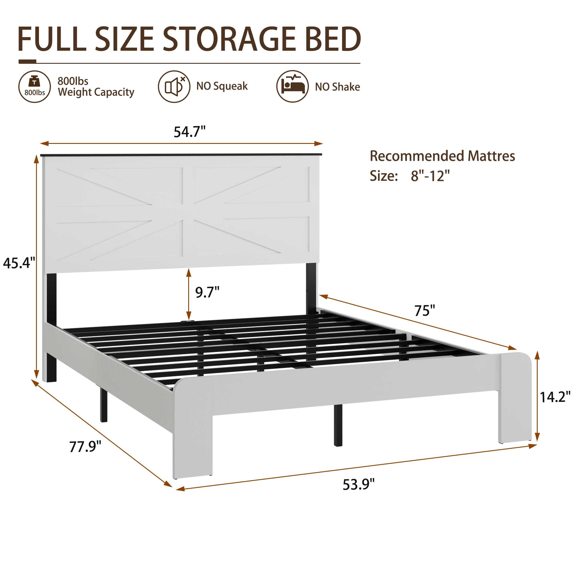 BSHTI Full Metal Wood Platform Bed Frame with Headboard, No Box Spring Needed, Under-Bed Storage for Bedroom（White）