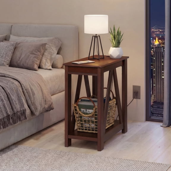 GALAXHERO Narrow End Table with Charging Station and Open Storage Shelf Sofa Side Table with 2 USB Ports and 2 Power Outlets, Slim Farmhouse End Table for Small Spaces, Bedroom, Living Room Espresso