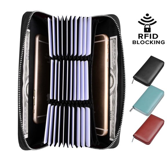 Tekcoo Leather Zip Credit Card Holder Wallet with ID Window Keychain RFID Blocking