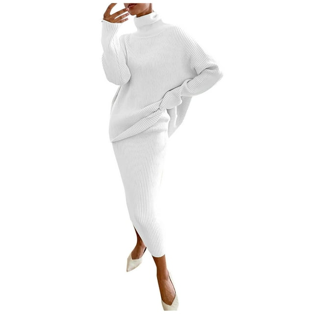Ensemble Tricoté 2 Pcs pour Femmes Pull à Col Roulé Manches Longues et Jupe Midi Slim Ensemble Détente