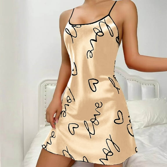 Sakmal Beige Moomoo Sleep Dress for Women Plus Size Spaghetti Straps Cute Short Night dress Sleeveless Heart Print Chemises for Women
