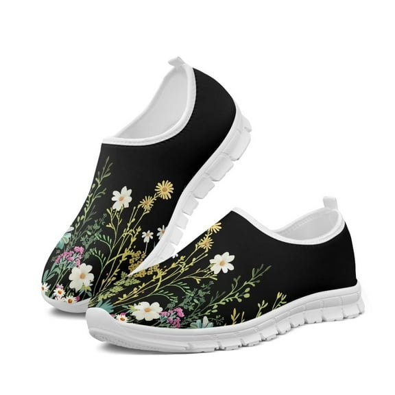 Psesaysky Black Floral Casual Shoes for Ladies Women's Slip-on Sneakers Fashionable and Comfortable Loafers for Women Big Girls