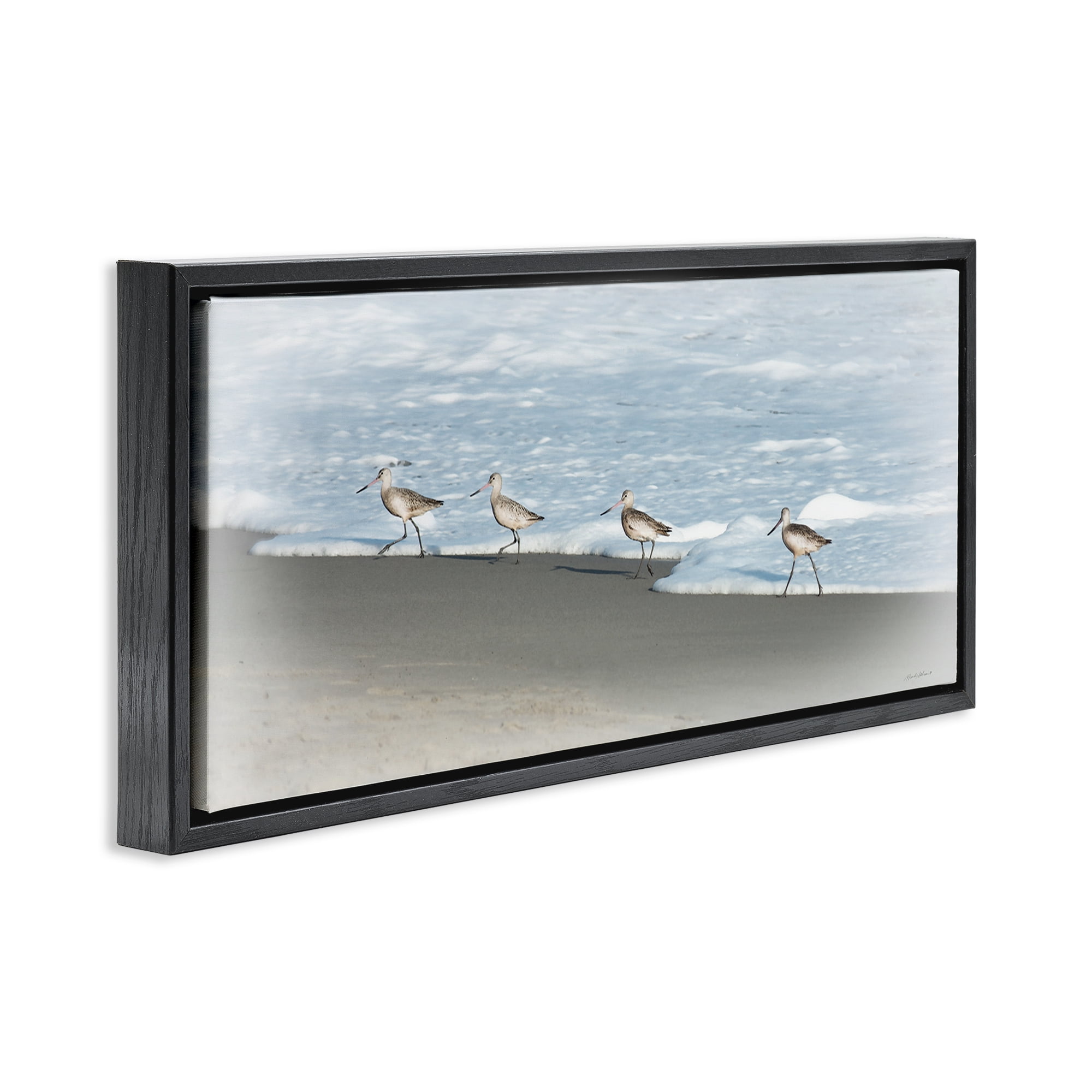 Stupell Industries Four Sandpipers on Beach Nautical & Beach Painting Black Floater Framed Canvas Art Print Wall Art, 31 x 14