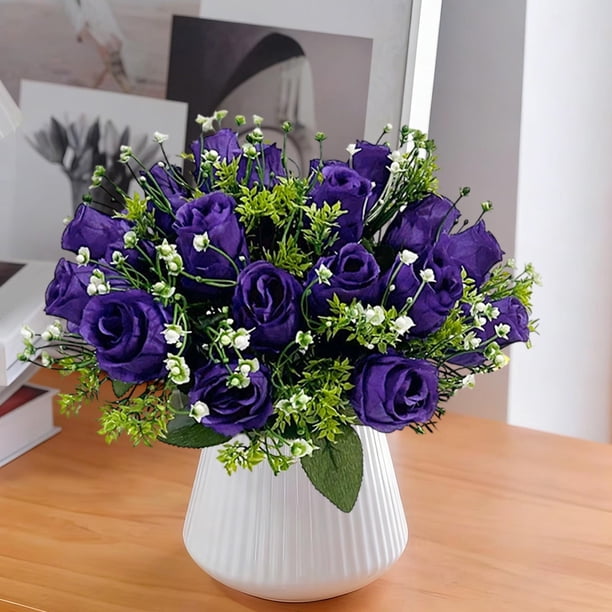 Ramo de rosas artificiales de seda sintética en jarrón | Centro de mesa floral artificial para decoración de mesa en el hogar | Decoración para fiestas de oficina con tallos de plástico