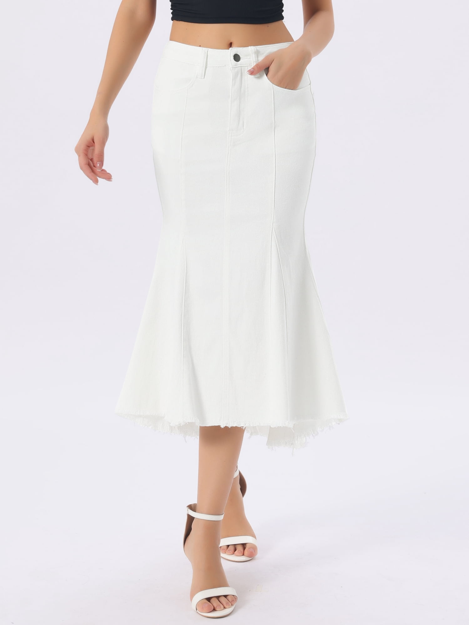 DARING DIVA Women's Raw Hem Fishtail Midi Skirt with Pockets Large White